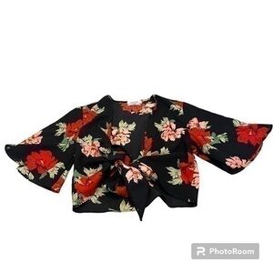 Avery the label floral tie blouse with bell sleeves
